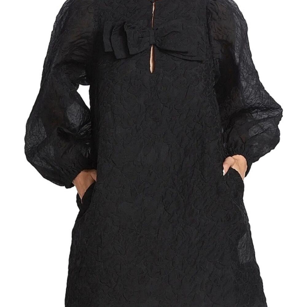 SOMETHING NAVY | Black Textured Organza Shift Dress Bubble Sleeve Bow | Size XXL